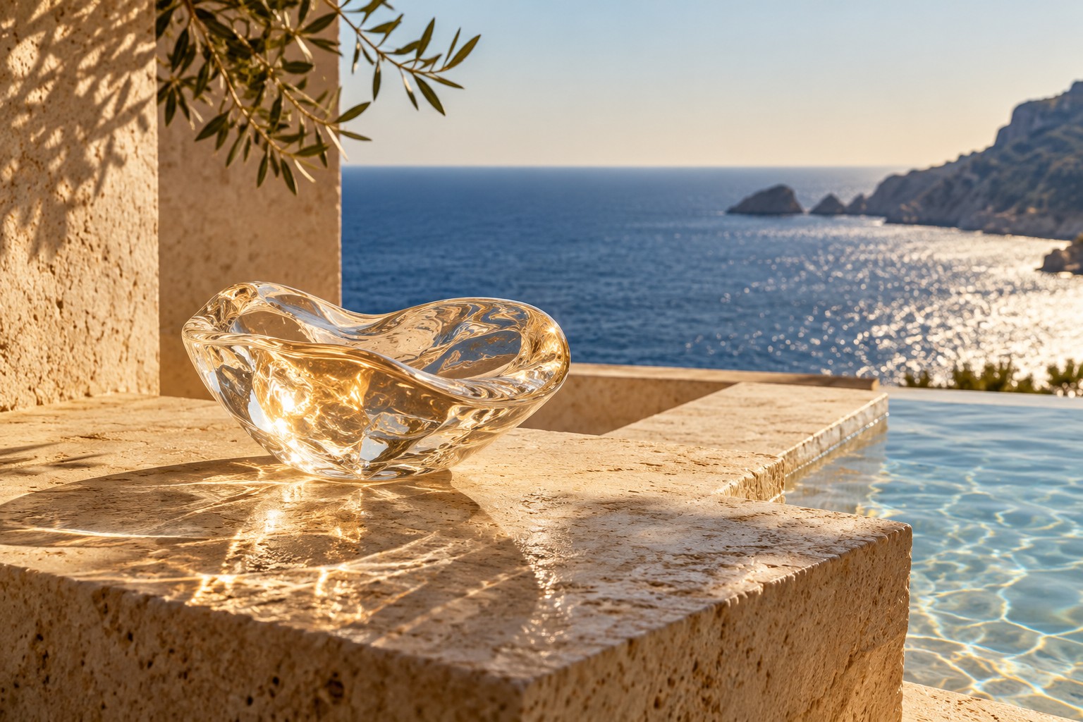 Luz cálida sobre piedra, ramas de olivo y una pieza de cristal frente al mar Mediterráneo